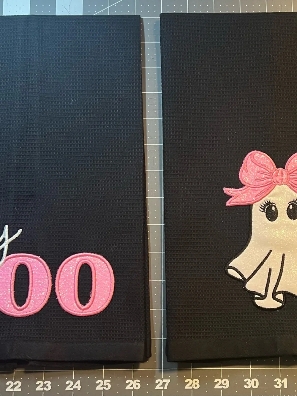 Black 'Hey Boo' Halloween Kitchen Towels with Pink Appliqué